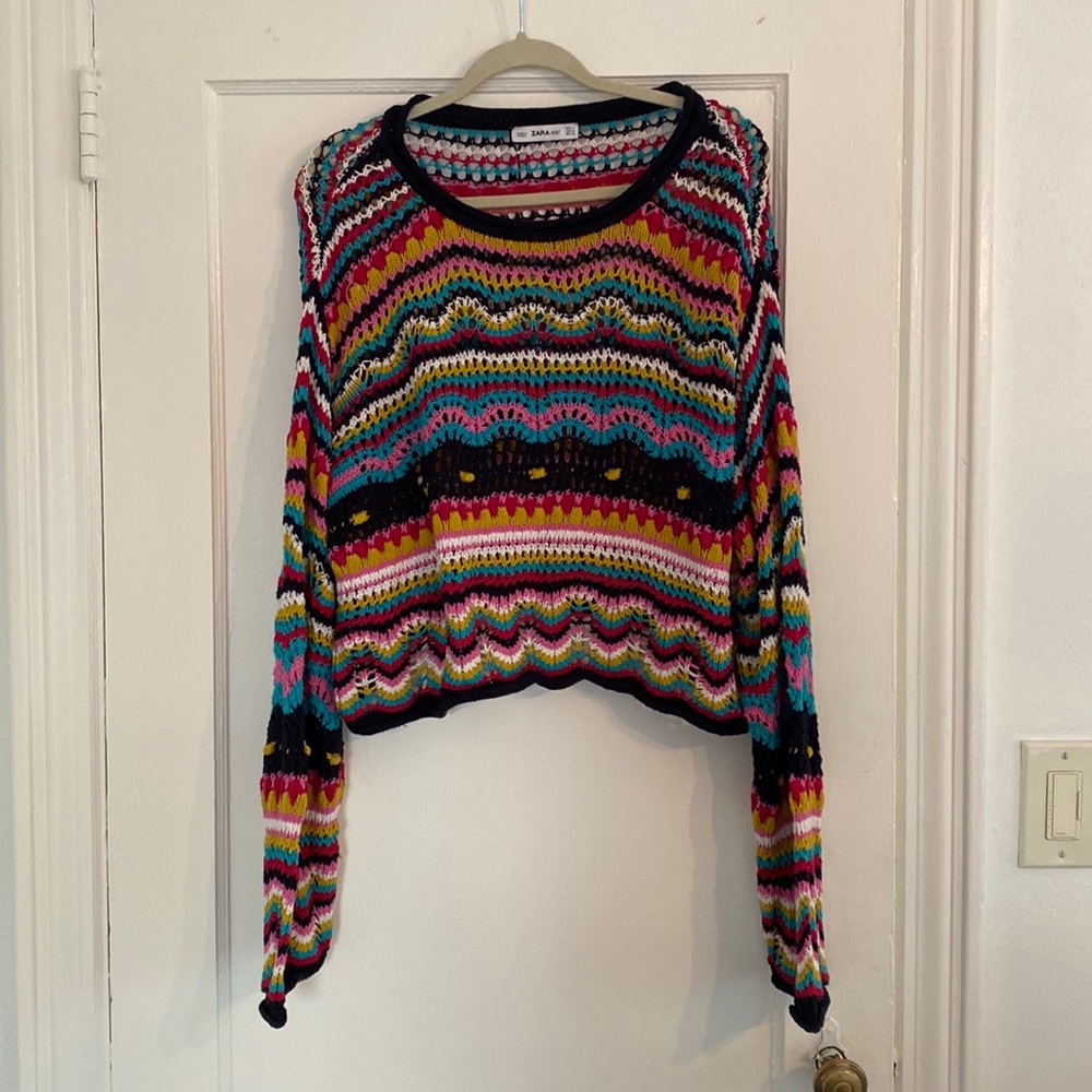 Zara multi colored, patterned crochet sweater. Size medium. Long sleeved.